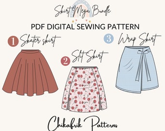 Skirt pattern |women sewing pattern sizes US 4to16|Mega bundle wrap skirt pattern+ Skater Skirt pattern +Slit skirt pattern