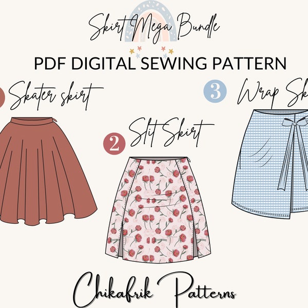 Skirt pattern |women sewing pattern sizes US 4to16|Mega bundle wrap skirt pattern+ Skater Skirt pattern +Slit skirt pattern