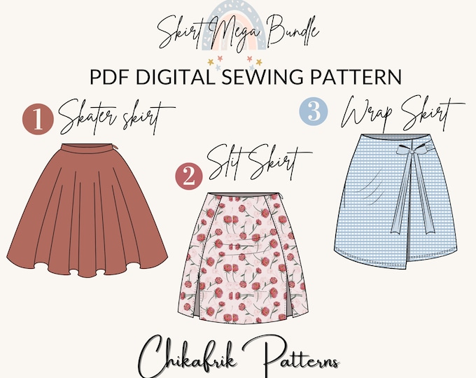 Skirt pattern |women sewing pattern sizes US 4to16|Mega bundle wrap skirt pattern+ Skater Skirt pattern +Slit skirt pattern