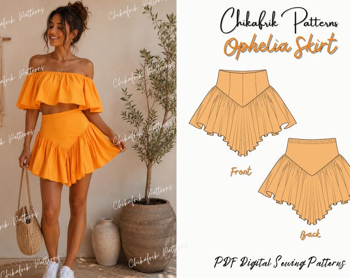 Ophelia Asymmetrical Mini Skirt Sewing Pattern PDF|women Boho Ruffle Skirt|Ruffle Mini Skirt Pattern|Chic Flowy Summer Skirt Sewing Pattern