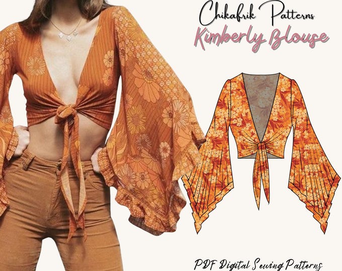 Kimberly 70s Blouse pattern|70s PDF sewing pattern|women sewing pattern|Blouse sewing pattern|Bell sleeve pattern|Tie in crop top pattern