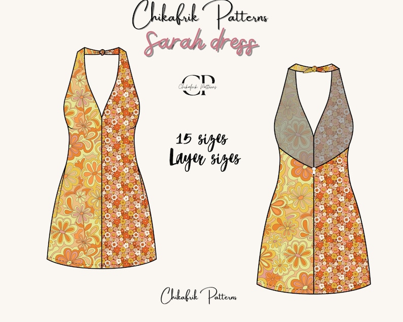K&ouml;nnte beinhalten: Eine digitale Illustration eines Halfterkleid-Musters mit einem Blumendruck in Orange-, Gelb- und Wei&szlig;t&ouml;nen. Das Muster ist in 15 Gr&ouml;&szlig;en erh&auml;ltlich und beinhaltet Lagen-Gr&ouml;&szlig;en. Der Text "Chikafrik Patterns Sarah dress" befindet sich oben im Bild.