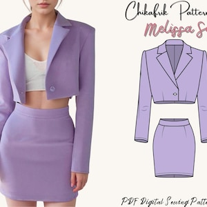 Melissa Set Sewing Pattern: Women&#39;s Crop Blazer & Skirt (PDF Pattern)