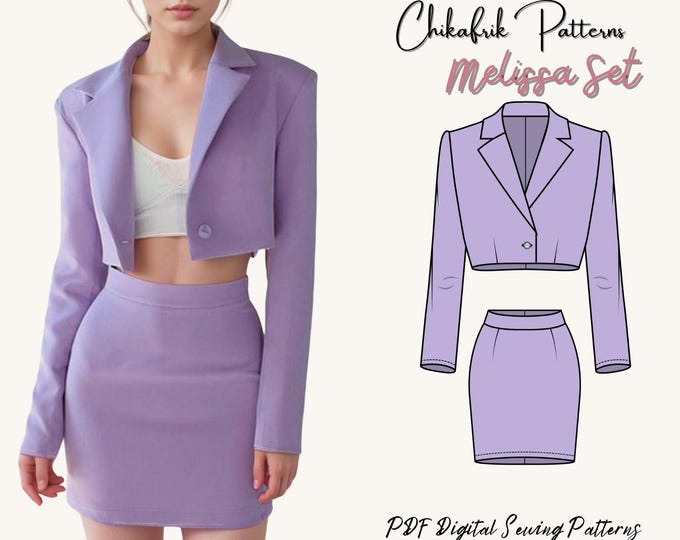 Melissa Set pattern|women suit set pattern|women crop blazer pattern|women skirt patternPDF sewing pattern|women sewing pattern 15 sizes