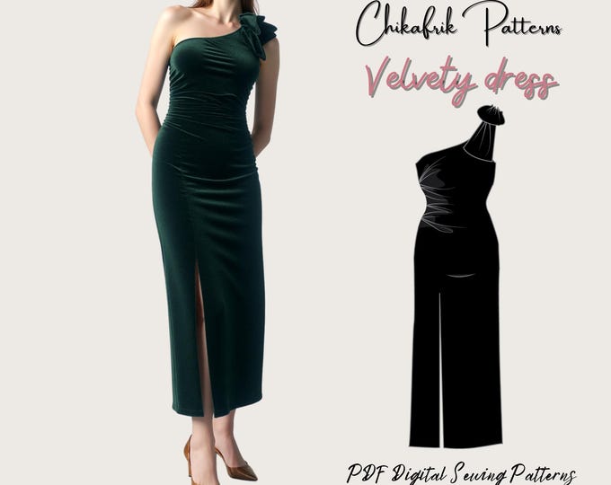 Velvety dress pattern| women velvet stretchy dress|One shoulder maxi dress pattern|PDF dress sewing pattern|15 sizes digital sewing pattern