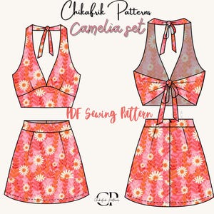 Pode incluir: Uma ilustração digital de um padrão de costura para um top halter e uma saia. O padrão apresenta uma estampa floral rosa e laranja com um design de margarida. O texto "Chikafrik Patterns Camelia set PDF Sewing Pattern" está incluído na imagem.