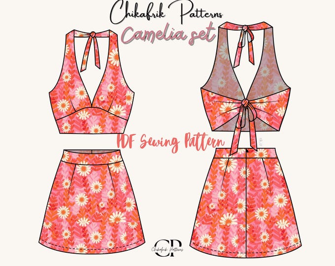 Camelia set pattern|Summer set sewing pattern|Women sewing pattern|Halter crop top pattern+ Mini skirt pattern|PDF sewing pattern|15sizes