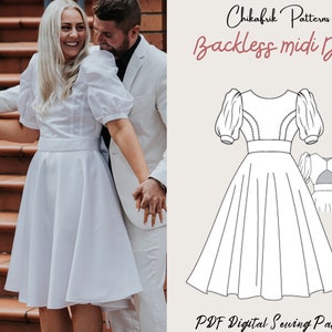 Midi backless dress pattern|puff sleeve dress pattern women sewing pattern|midi dress sewing pattern|wedding dress prom dress formal dress