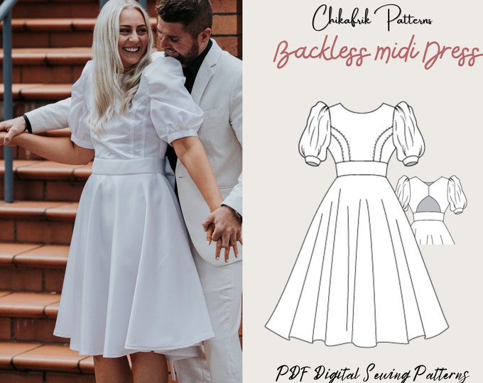 Midi backless dress pattern|puff sleeve dress pattern women sewing pattern|midi dress sewing pattern|wedding dress prom dress formal dress