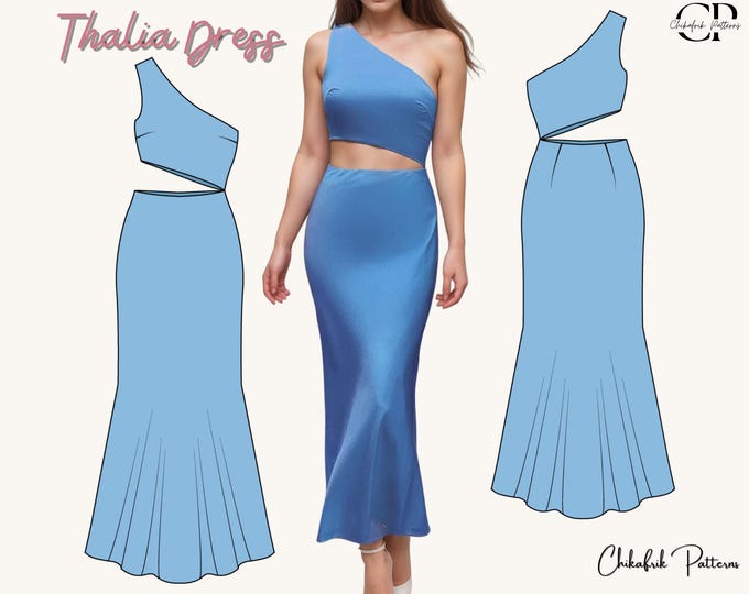 Thalia dress pattern|one shoulder dress pattern|women dress pattern|PDF sewing pattern|15size asymmetrical dress pattern|silky dress pattern
