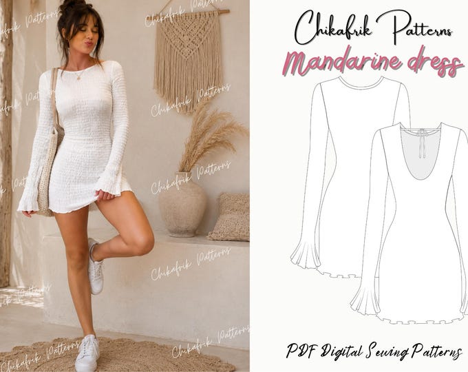 Mandarine Dress Sewing Pattern PDF | Open Back Mini Dress Pattern| Bell Sleeve Dress Pattern |Knit Dress Sewing Pattern|Women sewing pattern
