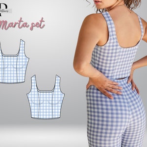 Peut inclure: Un patron de couture pour un ensemble crop top et pantalon en vichy appel&eacute; "Marta set". Le patron comprend deux illustrations du haut et une photo d'un mannequin portant l'ensemble.