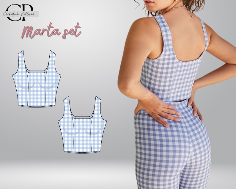 Peut inclure: Un patron de couture pour un ensemble crop top et pantalon en vichy appel&eacute; "Marta set". Le patron comprend deux illustrations du haut et une photo d'un mannequin portant l'ensemble.