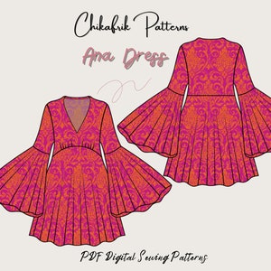 May include: A digital sewing pattern for an Ana Dress with a pink and orange floral print. The dress has a V-neckline, long sleeves with wide bell cuffs, and a fitted bodice. The pattern includes instructions for sewing the dress.