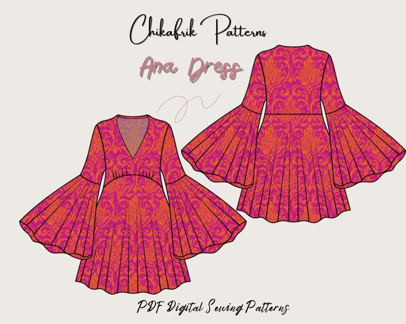 May include: A digital sewing pattern for an Ana Dress with a pink and orange floral print. The dress has a V-neckline, long sleeves with wide bell cuffs, and a fitted bodice. The pattern includes instructions for sewing the dress.