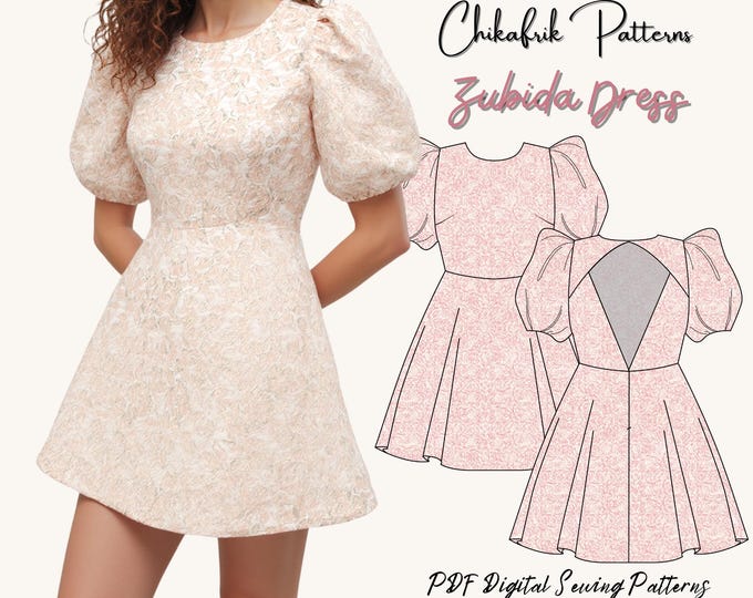 Zubida dress pattern|women dress sewing pattern|cute puffy sleeve cutout back dress pattern|Minidress pattern|PDF Dress sewing pattern15size