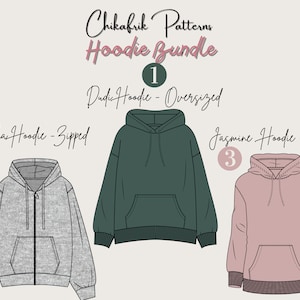 3 Hoodie bundle sewing pattern|Oversized hoodie pattern+Fitted hoodie pattern+Zipped hoodie pattern|14 sizes|women Hoodie sewing pattern