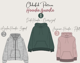 3 Hoodie bundle sewing pattern|Oversized hoodie pattern+Fitted hoodie pattern+Zipped hoodie pattern|14 sizes|women Hoodie sewing pattern