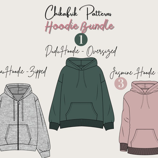 3 Hoodie bundle sewing pattern|Oversized hoodie pattern+Fitted hoodie pattern+Zipped hoodie pattern|14 sizes|women Hoodie sewing pattern