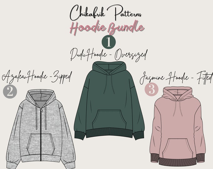 3 Hoodie bundle sewing pattern|Oversized hoodie pattern+Fitted hoodie pattern+Zipped hoodie pattern|14 sizes|women Hoodie sewing pattern