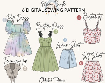 Mega bundle 6 sewing patterns |bustier pattern|wrap skirt pattern|puff dress pattern|Slit skirt pattern|bustier dress pattern|tie crop top