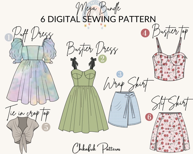 Mega bundle 6 sewing patterns bustier patternwrap skirt patternpuff dress patternSlit skirt patternbustier dress patterntie crop top image 1