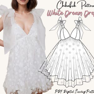 May include: A digital sewing pattern for a white dress with a V-neckline and a layered skirt. The dress has a bow detail on the straps and is decorated with small flowers. The pattern is called "White Dream Dress" and is by Chikafrik Patterns.