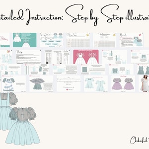 May include: A digital sewing pattern for a dress with puffed sleeves and a gathered skirt. The pattern includes detailed instructions and illustrations. The dress is shown in a light blue color.
