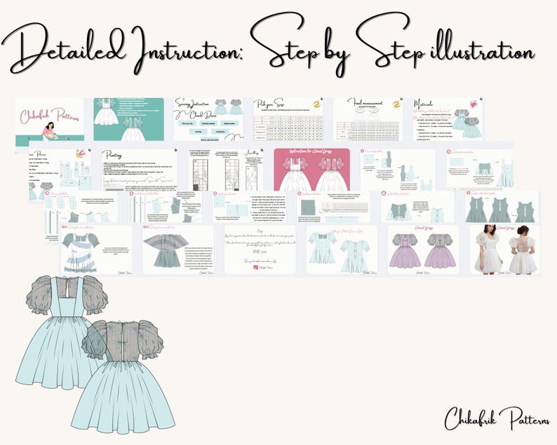 May include: A digital sewing pattern for a dress with puffed sleeves and a gathered skirt. The pattern includes detailed instructions and illustrations. The dress is shown in a light blue color.