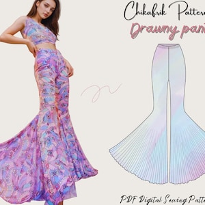 Op de afbeelding: Een digitaal naaipatroon voor een wijde, uitlopende broek. Het patroon heet "Drawny Pant" en is van Chikafrik Patterns. Het patroon wordt getoond op een model dat een bijpassend topje draagt.