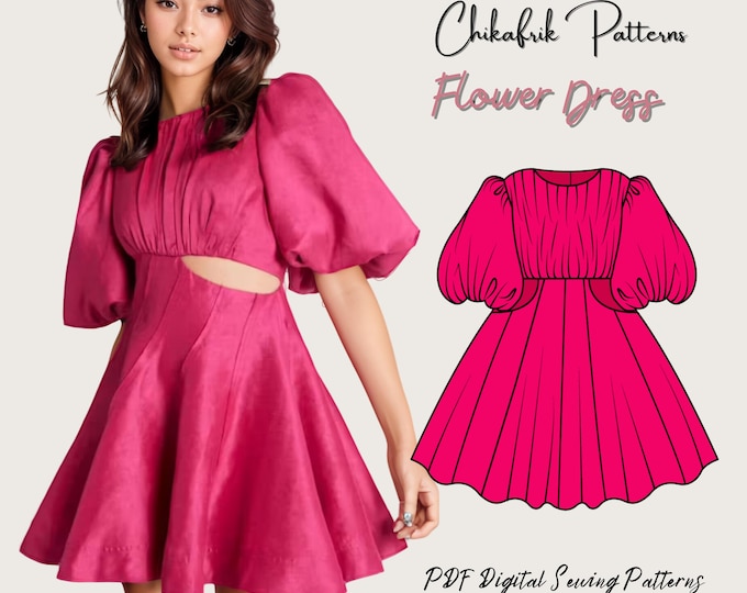 Flower dress|puff sleeve pattern puffy skirt pattern|women dress pattern| pdf sewing pattern|12 sizes| puffy dress pattern
