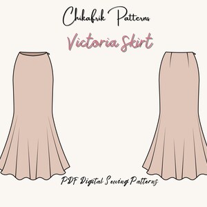 May include: A digital sewing pattern for a long, flowing skirt with a fitted waist and a flared hem. The skirt is shown in a light brown color. The pattern is called "Victoria Skirt" and is available as a PDF download.