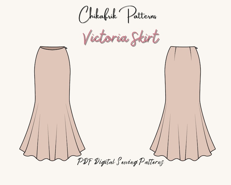 May include: A digital sewing pattern for a long, flowing skirt with a fitted waist and a flared hem. The skirt is shown in a light brown color. The pattern is called "Victoria Skirt" and is available as a PDF download.