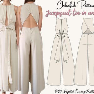 Puede incluir: Mono color crema con cuello halter y espalda abierta. La parte delantera presenta un detalle de ojo de cerradura y un lazo en la cintura. El texto "Chikafrik Patterns Jumpsuit tie in waist" se muestra en la imagen. PDF Digital Sewing Patterns.