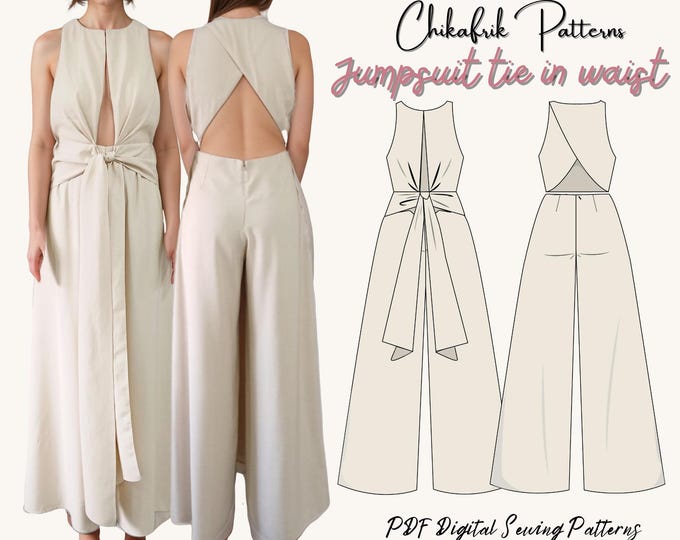 Jumpsuit pattern|women tie in waist jumpsuit sewing pattern|pdf jumpsuit pattern 15 sizes|Digital sewing pattern|women pdf sewing pattern|