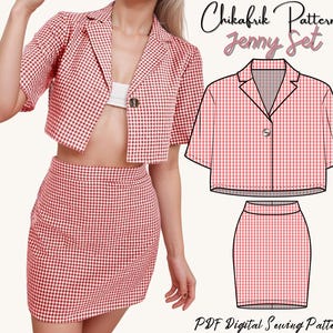 May include: A digital sewing pattern for a red and white gingham crop top and skirt set called "Jenny Set" by Chikafrik Patterns. PDF Digital Sewing Patterns.