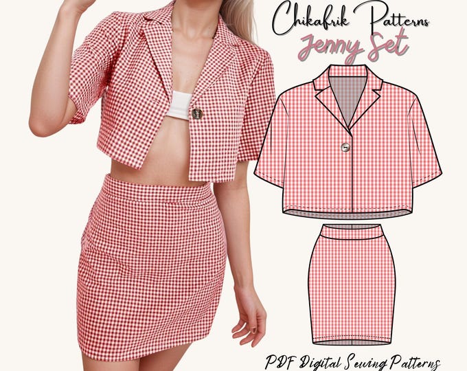 Jenny Summer set sewing pattern|Women summer set pattern|PDF sewing pattern 15sizes|women crop blouse pattern & skirt pattern|Women suit set