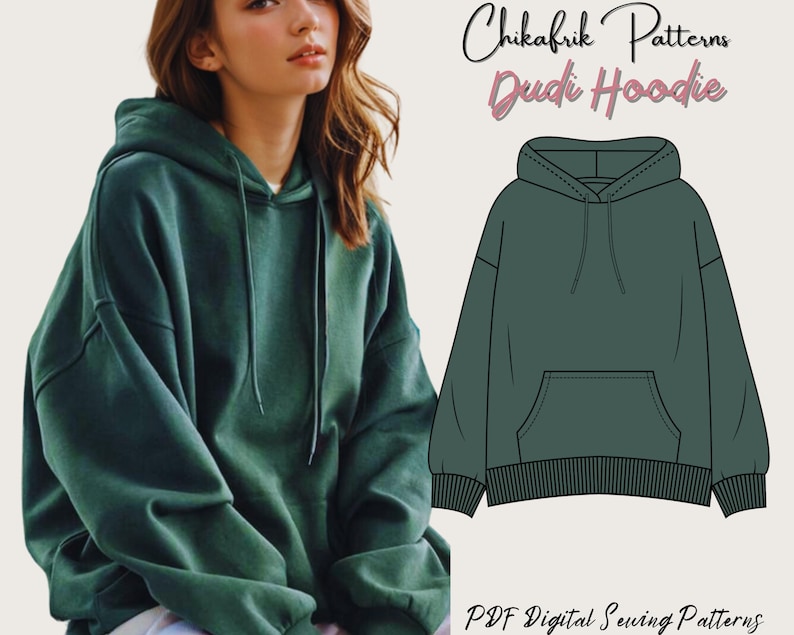 May include: A green hooded sweatshirt pattern, called "Dudi Hoodie", from Chikafrik Patterns. The pattern is for a PDF digital sewing pattern.