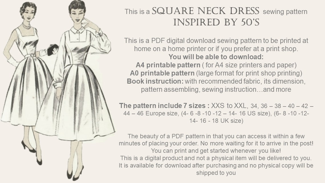 Dress Sewing Pattern Square Neck Dress PDF Sewing Etsy
