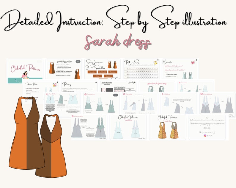 K&ouml;nnte beinhalten: Ein digitales Schnittmuster f&uuml;r ein halterloses Kleid in Braun und Orange. Das Schnittmuster enth&auml;lt detaillierte Anleitungen und Illustrationen zum N&auml;hen des Kleides. Das Schnittmuster hei&szlig;t "Sarah Dress" und ist bei Chabuk Patterns erh&auml;ltlich.