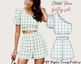 Könnte beinhalten: Ein digitales Schnittmuster für ein Gingham-Crop-Top und Shorts-Set namens "Betty Set" von Chikafrik Patterns. Das Schnittmuster ist für ein einseitiges Crop-Top mit Puffärmeln und eine Shorts mit hoher Taille.