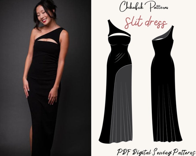 Slit dress pattern|oneshoulder cutout Slit dress pattern|prom dress pattern|wedding dress pattern|cocktail dress pattern|PDF Sewing pattern