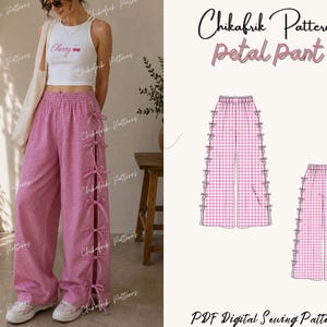 May include: A woman wearing a white tank top with "Cherry" text and pink gingham petal pants with side bows. The image also shows a pattern for the "Petal Pant" with the text "Chikafrik Patterns" and "PDF Digital Sewing Patterns".