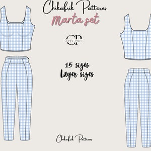 Peut inclure: Un patron de couture num&eacute;rique pour un ensemble haut court et pantalon en vichy bleu et blanc. Le patron comprend 15 tailles et s'appelle "Marta set" par Chikafrik Patterns.