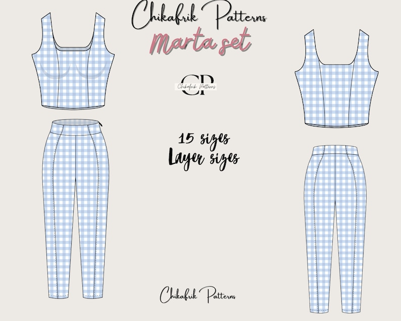 Peut inclure: Un patron de couture num&eacute;rique pour un ensemble haut court et pantalon en vichy bleu et blanc. Le patron comprend 15 tailles et s'appelle "Marta set" par Chikafrik Patterns.