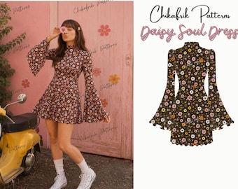 Daisy Soul Kleid Schnittmuster PDF, Mini Kleid mit Glockenärmeln, Boho Kleid, Retro Kleid mit Schlagärmeln, Festival Minikleid, XS-XXXL