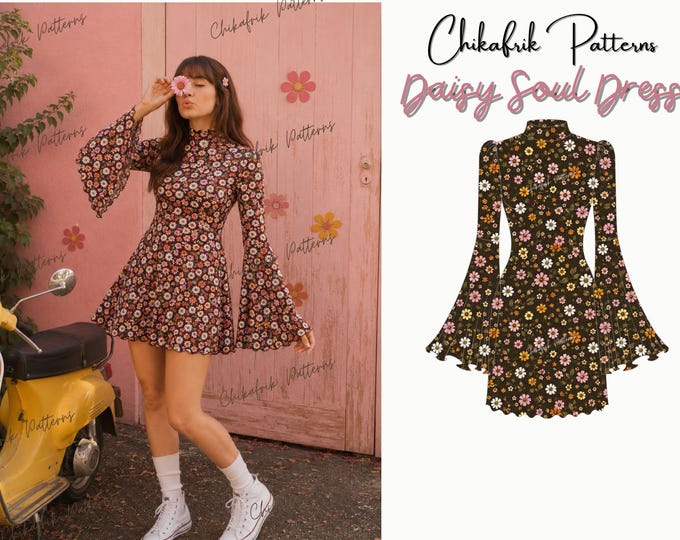 Daisy Soul Dress Sewing Pattern PDF, Bell Sleeve Mini Dress Pattern, 70s Boho Dress, Retro Flare Sleeve Dress, Festival Mini Dress, XS-XXXL
