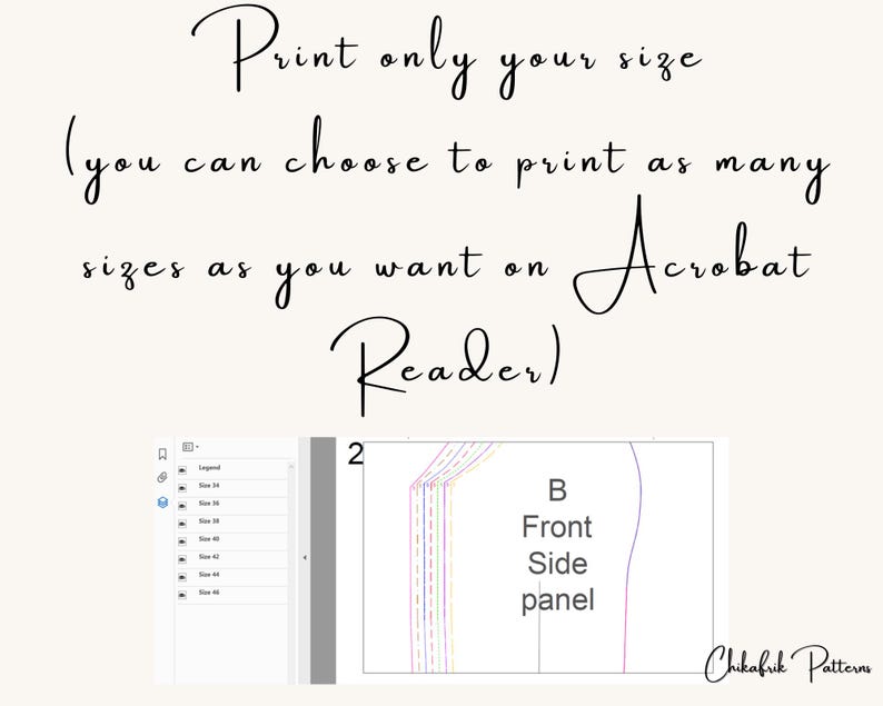 May include: A digital sewing pattern with instructions. The text reads: "Print only your size (you can choose to print as many sizes as you want on Acrobat Reader)." The pattern includes a "B Front Side panel" diagram.