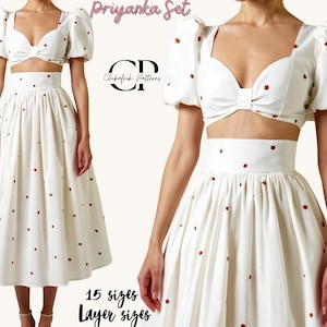 May include: A white two-piece outfit featuring a crop top and midi skirt, both decorated with small, evenly spaced brown polka dots. The crop top has a sweetheart neckline and puffed sleeves. The skirt is high-waisted. The text "Priyanka Set" and "Chikafrik Patterns" are visible.