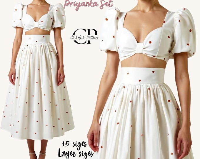 Bow Crop Top & Midi Skirt Sewing Pattern: Dotted Print (PDF Download)